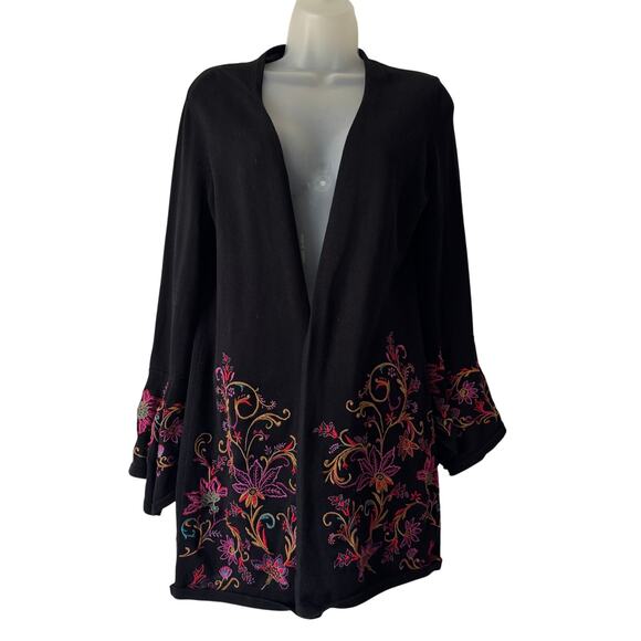 Chicos Sweater Womens S Black Embroidered Floral Bell Sleeve Whimsigoth Cardigan - Picture 2 of 12